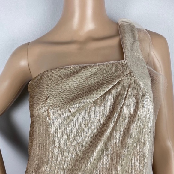 NEW HALSTON HERITAGE ONE-SHOULDER TWIST DRAPE SEQUIN MINI DRESS - Picture 3 of 8